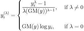 y_i^{(\lambda)} =
\begin{cases}
\dfrac{y_i^\lambda-1}{\lambda(\operatorname{GM}(y))^{\lambda -1}} , &\mbox{ if } \lambda \neq 0 \\  \\
\operatorname{GM}(y)\log{y_i} , &\mbox{ if } \lambda = 0
\end{cases}
