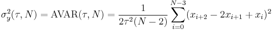 \sigma_y^2(\tau, N) = \text{AVAR}(\tau, N) = \frac{1}{2\tau^2(N-2)} \sum_{i=0}^{N-3}(x_{i%2B2}-2x_{i%2B1}%2Bx_i)^2