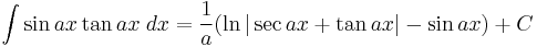 \int \sin ax \tan ax\;dx = \frac{1}{a}(\ln|\sec ax %2B \tan ax| - \sin ax)%2BC\,\!