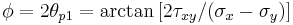 \phi = 2\theta_{p1} = \arctan\left[2\tau_{xy}/(\sigma_x- \sigma_y)\right]