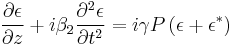 \frac{\partial \epsilon}{\partial z}%2Bi\beta_2\frac{\partial^2\epsilon}{\partial t^2}=i\gamma P \left(\epsilon%2B\epsilon^*\right)