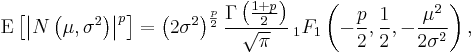 \operatorname{E} \left[\left|N\left(\mu, \sigma^2 \right)\right|^p \right]= \left(2 \sigma^2\right)^\frac p 2 \frac {\Gamma\left(\frac{1%2Bp}2\right)}{\sqrt \pi}\, _1F_1\left(-\frac p 2, \frac 1 2, -\frac{\mu^2}{2 \sigma^2}\right),