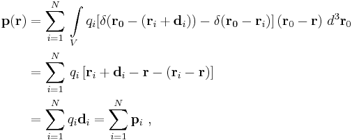 \begin{align} \mathbf{p}(\mathbf{r}) & = \sum_{i=1}^{N} \, \int\limits_V q_i [ \delta (\mathbf{r_0} - (\mathbf{r}_i %2B \mathbf{d}_i) )- \delta ( \mathbf{r_0} -  \mathbf{r}_i ) ]\, (\mathbf{r}_0-\mathbf{r}) \ d^3 \mathbf{r}_0 \\
& = \sum_{i=1}^{N} \, q_i\, [ \mathbf{r}_i %2B\mathbf{d}_i - \mathbf{r} -(\mathbf{r}_i-\mathbf{r}) ] \\
& = \sum_{i=1}^{N} q_i\mathbf{d}_i = \sum_{i=1}^{N} \mathbf{p}_i \ , 
\end{align}