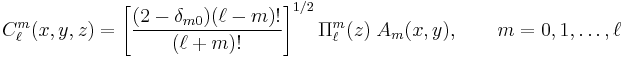 
C^m_\ell(x,y,z) = \left[\frac{(2-\delta_{m0}) (\ell-m)!}{(\ell%2Bm)!}\right]^{1/2} \Pi^m_{\ell}(z)\;A_m(x,y),\qquad m=0,1, \ldots,\ell
