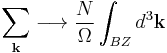 \sum_{\mathbf{k}} \longrightarrow \frac{N}{\Omega} \int_{BZ} d^3\mathbf{k}