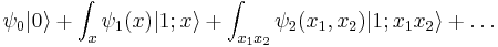 
\psi_0 |0\rangle %2B \int_x \psi_1(x) |1;x\rangle %2B \int_{x_1x_2} \psi_2(x_1,x_2)|1;x_1 x_2\rangle %2B \ldots
\,