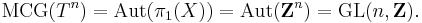 \mathrm{MCG}(T^n) = \mathrm{Aut}(\pi_1(X)) = \mathrm{Aut}(\mathbf{Z}^n) = \mathrm{GL}(n,\mathbf{Z}).