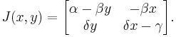 J(x,y) = \begin{bmatrix} 
\alpha - \beta y & -\beta x \\
\delta y & \delta x - \gamma \\
\end{bmatrix}.