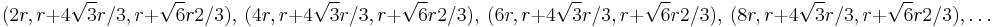 (2r,r%2B4\sqrt{3}r/3,r%2B\sqrt{6}r2/3),\ (4r,r%2B4\sqrt{3}r/3, r %2B \sqrt{6}r2/3),\ (6r,r%2B4\sqrt{3}r/3, r %2B \sqrt{6}r2/3),\ (8r,r%2B 4\sqrt{3}r/3,r %2B \sqrt{6}r2/3),\dots 