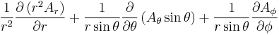 {1 \over r^2}{\partial \left( r^2 A_r \right) \over \partial r} 
  %2B {1 \over r\sin\theta}{\partial \over \partial \theta} \left(  A_\theta\sin\theta \right)  
  %2B {1 \over r\sin\theta}{\partial A_\phi \over \partial \phi}