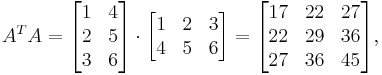 A^{T}A =
  \begin{bmatrix}
    1 & 4\\
    2 & 5\\
    3 & 6
  \end{bmatrix}
\cdot
  \begin{bmatrix}
    1 & 2 & 3 \\
    4 & 5 & 6
  \end{bmatrix}
=
  \begin{bmatrix}
    17 & 22 & 27 \\
    22 & 29 & 36\\
    27 & 36 & 45
  \end{bmatrix},
