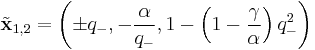 \tilde{\mathbf{x}}_{1,2} = \left( \pm q_-, - \frac{\alpha}{q_-}, 1- \left(1-\frac{\gamma}{\alpha}\right)q_-^2 \right)