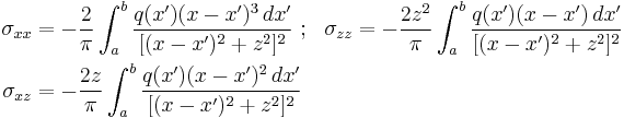 
  \begin{align}
    \sigma_{xx} & =-\frac{2}{\pi}\int_a^b\frac{q(x')(x-x')^3\, dx'}{[(x-x')^2%2Bz^2]^2} ~;~~
    \sigma_{zz} =-\frac{2z^2}{\pi}\int_a^b\frac{q(x')(x-x')\, dx'}{[(x-x')^2%2Bz^2]^2} \\
    \sigma_{xz} & =-\frac{2z}{\pi}\int_a^b\frac{q(x')(x-x')^2\, dx'}{[(x-x')^2%2Bz^2]^2}
  \end{align}
  