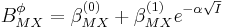 B^\phi_{MX}=\beta^{(0)}_{MX} %2B\beta^{(1)}_{MX} e^{-\alpha \sqrt I}