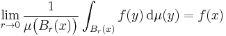 \lim_{r \to 0} \frac1{\mu \big( B_{r} (x) \big)} \int_{B_{r} (x)} f(y) \, \mathrm{d} \mu(y) = f(x)
