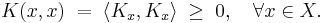  K(x,x) \;=\; \langle K_x, K_x \rangle \;\geq\; 0, \quad \forall x\in X. 