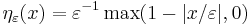 
\eta_\varepsilon(x) = \varepsilon^{-1}\max(1-|x/\varepsilon|,0)
