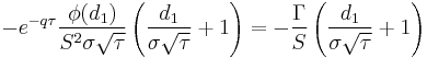  -e^{-q \tau} \frac{\phi(d_1)}{S^2 \sigma \sqrt{\tau}} \left(\frac{d_1}{\sigma \sqrt{\tau}} %2B 1\right) = -\frac{\Gamma}{S}\left(\frac{d_1}{\sigma\sqrt{\tau}}%2B1\right) \, 