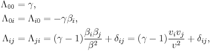  \begin{align} \Lambda_{00} & = \gamma, \\
\Lambda_{0i} & = \Lambda_{i0} = - \gamma \beta_{i}, \\
\Lambda_{ij} & = \Lambda_{ji} = ( \gamma - 1 )\dfrac{\beta_{i}\beta_{j}}{\beta^{2}} %2B \delta_{ij}= ( \gamma - 1 )\dfrac{v_i v_j}{v^2} %2B \delta_{ij}, \\
\end{align}
\,\!