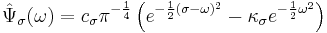 \hat{\Psi}_{\sigma}(\omega) = c_\sigma \pi^{-\frac{1}{4}} \left( e^{-\frac{1}{2}(\sigma-\omega)^2} - \kappa_\sigma e^{-\frac{1}{2}\omega^{2}} \right)