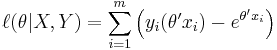 \ell(\theta|X,Y) = \sum_{i=1}^m \left( y_i (\theta' x_i) - e^{\theta' x_i}\right)