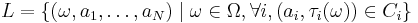 L=\{(\omega,a_1,\ldots,a_N)\mid\omega \in \Omega, \forall i, (a_i,\tau_i(\omega)) \in C_i\}