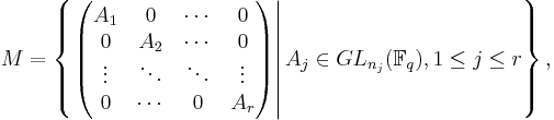 M = \left \{\left.\begin{pmatrix}A_1 & 0 & \cdots & 0 \\ 0 & A_2 & \cdots & 0 \\ \vdots & \ddots & \ddots & \vdots \\ 0 & \cdots & 0 & A_r\end{pmatrix}\right|A_j \in GL_{n_j}(\mathbb{F}_q), 1 \le j \le r \right \},