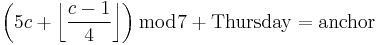 \left({5c%2B\left\lfloor{\frac{c-1}{4}}\right\rfloor}\right) \bmod 7%2B\rm{Thursday}=\rm{anchor}