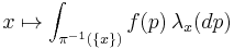  x\mapsto \int_{\pi^{-1}(\{x\})} f(p)\,\lambda_x(dp) 