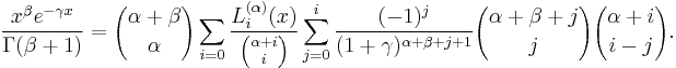  \frac{x^\beta e^{-\gamma x}}{\Gamma(\beta%2B1)}= {\alpha%2B\beta \choose \alpha} \sum_{i=0} \frac{L_i^{(\alpha)}(x)}{ {\alpha%2Bi \choose i}} \sum_{j=0}^i \frac{(-1)^j}{(1%2B\gamma)^{\alpha%2B \beta%2B j%2B 1}} {\alpha%2B\beta%2Bj \choose j} {\alpha%2Bi \choose i-j}.