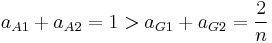 a_{A1} %2B a_{A2} = 1 > a_{G1} %2B a_{G2} = \frac 2 n\,