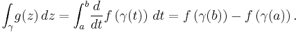 \int_\gamma \!g(z)\,dz=\int_a^b\! \frac{d}{dt}f\left(\gamma(t)\right)\,dt=f\left(\gamma(b)\right)-f\left(\gamma(a)\right).