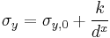  \sigma_{y} = \sigma_{y,0} %2B {k \over {d^x}} 