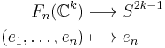 \begin{align}
F_n(\mathbb{C}^k) & \longrightarrow S^{2k-1} \\
(e_1,\ldots,e_n) & \longmapsto e_n
\end{align}