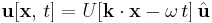  \mathbf{u}[\mathbf{x}, \, t] = U[\mathbf{k} \cdot  \mathbf{x} - \omega \, t] \, \hat{\mathbf{u}}\,\!