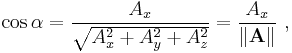  \cos \alpha = \frac{ A_x }{ \sqrt {A_x^2 %2BA_y^2 %2BA_z^2} }  = \frac {A_x} {\| \mathbf A \|} \ , 