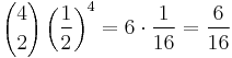 
{4\choose 2} \left ( \frac{1}{2} \right ) ^4 = 6 \cdot \frac{1}{16} = \frac{6}{16}
