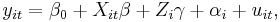 y_{it}=\beta_{0}%2BX_{it}\beta%2BZ_{i}\gamma%2B\alpha_{i}%2Bu_{it},