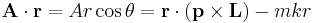 
\mathbf{A} \cdot \mathbf{r} = Ar \cos\theta = 
\mathbf{r} \cdot \left( \mathbf{p} \times \mathbf{L} \right) - mkr
