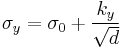 \sigma_y = \sigma_0 %2B {k_y \over \sqrt {d}}