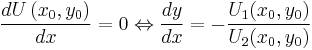 \frac{dU\left(x_0,y_0\right)}{dx} = 0\Leftrightarrow\frac{dy}{dx}=-\frac{U_1(x_0,y_0)}{U_2(x_0,y_0)}