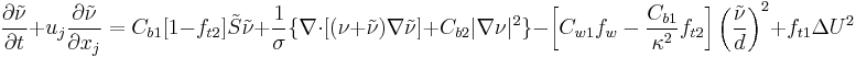 
\frac{\partial \tilde{\nu}}{\partial t} %2B u_j \frac{\partial \tilde{\nu}}{\partial x_j} = C_{b1} [1 - f_{t2}] \tilde{S} \tilde{\nu} %2B \frac{1}{\sigma} \{ \nabla \cdot [(\nu %2B \tilde{\nu}) \nabla \tilde{\nu}] %2B C_{b2} | \nabla \nu |^2 \} - \left[C_{w1} f_w - \frac{C_{b1}}{\kappa^2} f_{t2}\right] \left( \frac{\tilde{\nu}}{d} \right)^2 %2B f_{t1} \Delta U^2
