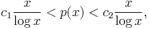 c_1\frac x{\log x}<p(x)<c_2\frac x{\log x},