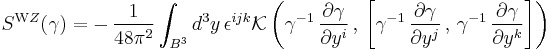 S^{\mathrm WZ}(\gamma) = - \, \frac{1}{48\pi^2} \int_{B^3} d^3y\, 
\epsilon^{ijk} \mathcal{K} \left( 
\gamma^{-1} \, \frac {\partial \gamma} {\partial y^i} \, , \, 
\left[
\gamma^{-1} \, \frac {\partial \gamma} {\partial y^j} \, , \,
\gamma^{-1} \, \frac {\partial \gamma} {\partial y^k}
\right]
\right)