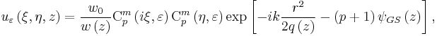 
u_\varepsilon \left( \xi ,\eta ,z\right) = \frac{w_{0}}{w\left(
z\right) }\mathrm{C}_{p}^{m}\left( i\xi ,\varepsilon \right) \mathrm{C}
_{p}^{m}\left( \eta ,\varepsilon \right) \exp \left[ -ik\frac{r^{2}}{
2q\left( z\right) }-\left( p%2B1\right) \psi _{GS}\left( z\right) \right] ,
