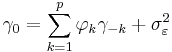 
\gamma_0 = \sum_{k=1}^p \varphi_k \gamma_{-k} %2B \sigma_\varepsilon^2
