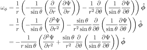 
\begin{align}
\omega_\phi   &= {1 \over r}\left(-\frac{1}{\sin\theta}\left({\partial \over \partial r} \left(\frac{\partial\Psi}{\partial r}\right)\right) - 
\frac{1}{r^2 }{\partial \over \partial \theta}\left(\frac{1}{\sin\theta}\frac{\partial\Psi}{\partial \theta}\right)\right) \boldsymbol{\hat \phi} \\
&= {1 \over r}\left(-\frac{1}{\sin\theta}\left(\frac{\partial^2\Psi}{\partial r^2}\right) - 
\frac{\sin\theta}{r^2 \sin\theta}{\partial \over \partial \theta}\left(\frac{1}{\sin\theta}\frac{\partial\Psi}{\partial \theta}\right)\right) \boldsymbol{\hat \phi} \\
&= -\frac{1}{r\sin\theta} \left(\frac{\partial^2\Psi}{\partial r^2} %2B \frac{\sin\theta}{r^2}{\partial \over \partial \theta}\left(\frac{1}{\sin\theta}\frac{\partial\Psi}{\partial \theta}\right)\right) \boldsymbol{\hat \phi} \\
\end{align}
