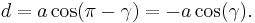 d = a\cos(\pi-\gamma)= -a\cos(\gamma).\,