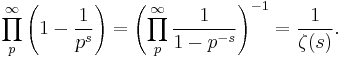 \prod_p^\infty \left(1-\frac{1}{p^s}\right) = \left( \prod_p^\infty \frac{1}{1-p^{-s}} \right)^{-1} = \frac{1}{\zeta(s)}. 