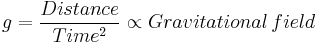 g = \frac{Distance}{Time^2} \propto Gravitational \, field